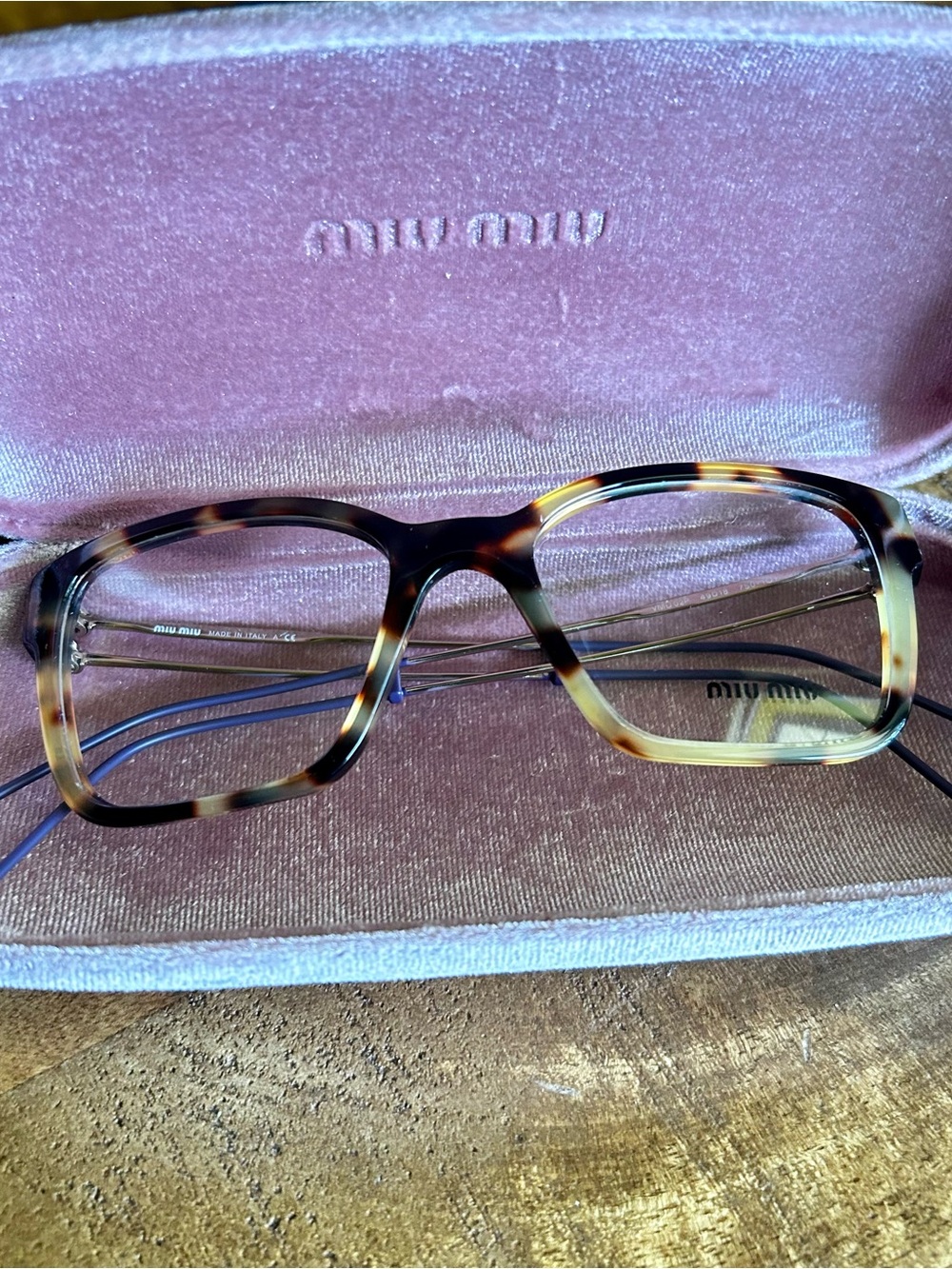 Miu Miu Tortoiseshell Rectangular Acetate Glasses in Brown and Cream